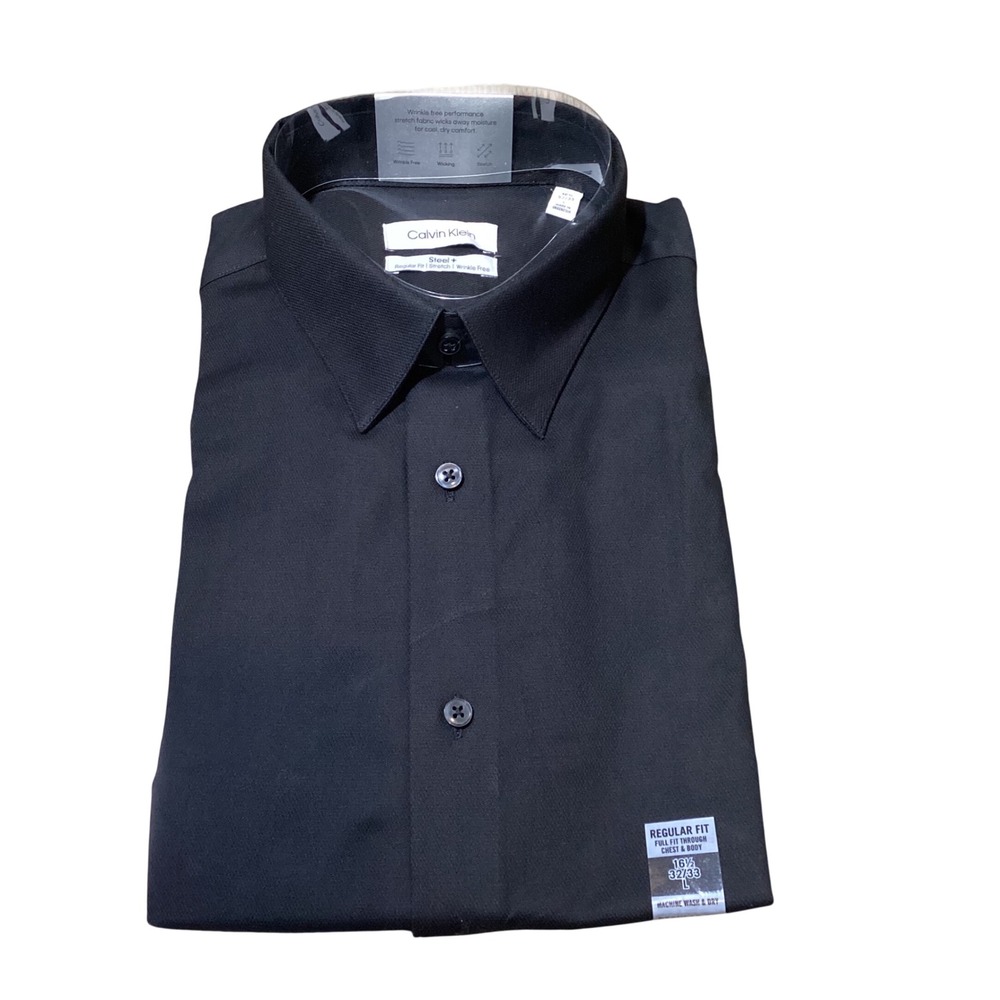 Calvin Klein Dress Shirt Mens 16.5 32/33 Black Steel+ Regular Fit Stretch NWT